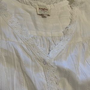 Hayden White Short Sleeve Button-Front Blouse with Lace Trim